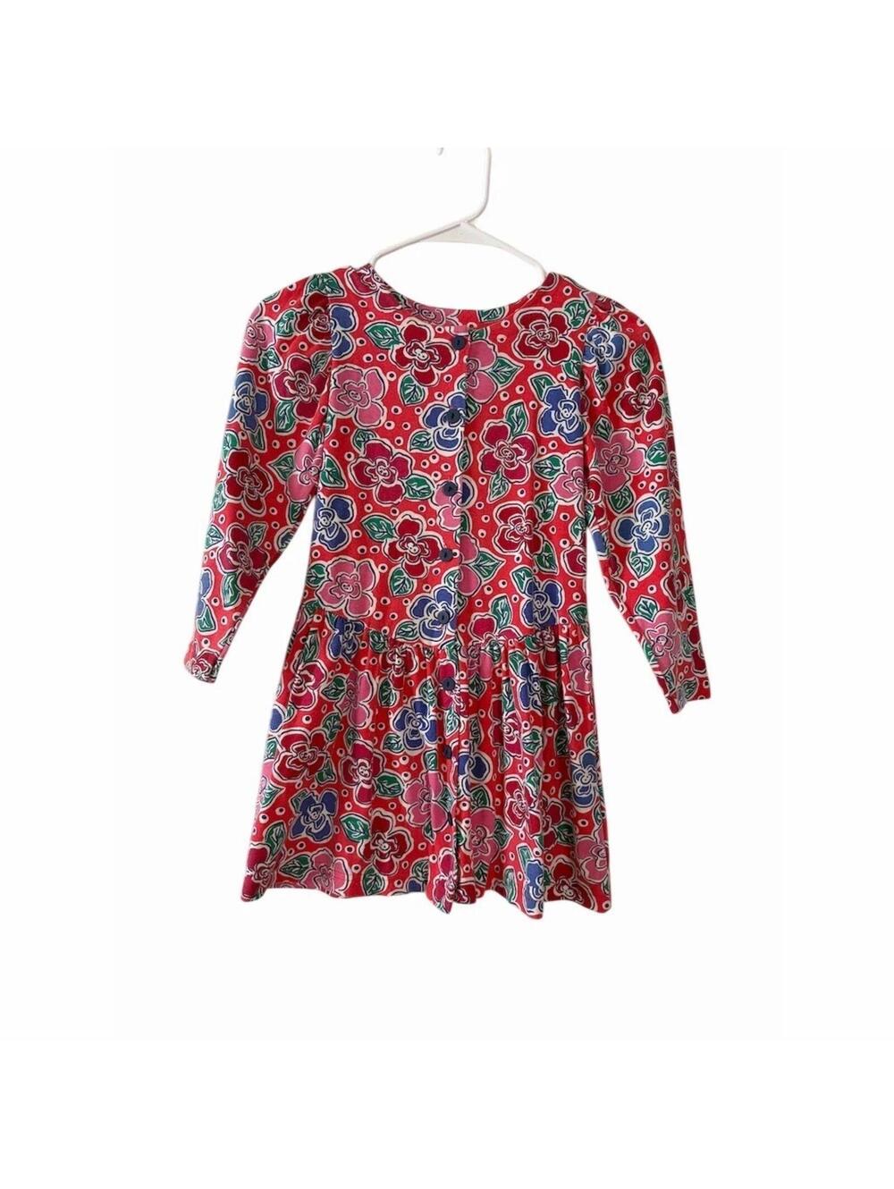 Vintage Healthtex Dress Girls Size 6 Red Floral Skater Knee Length Long Sleeve
